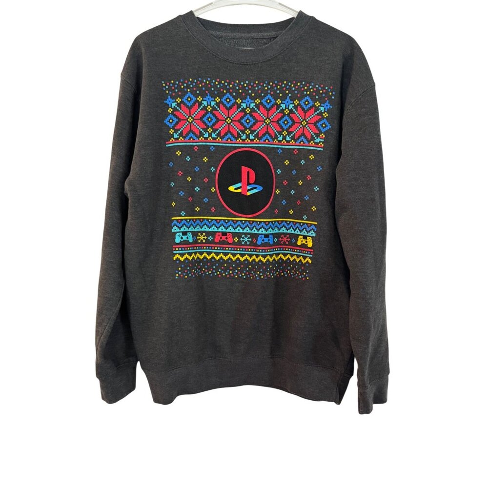PlayStation Holiday Crewneck Sweater Mens Size L Gray Retro Gaming Sweater